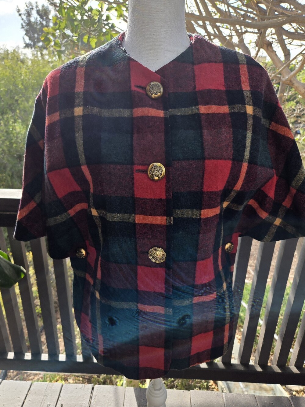 Plaid Short Fifties Cape Jacket - Red & Green, Lined Gold Buttons